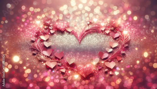 A shiny pink background with bokeh and heart shapes, reminiscent of a romantic atmosphere