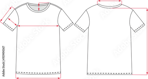 Technical fashion sketch for a t-shirt for apparel design, tech packs, and fashion production with  measurement arrows