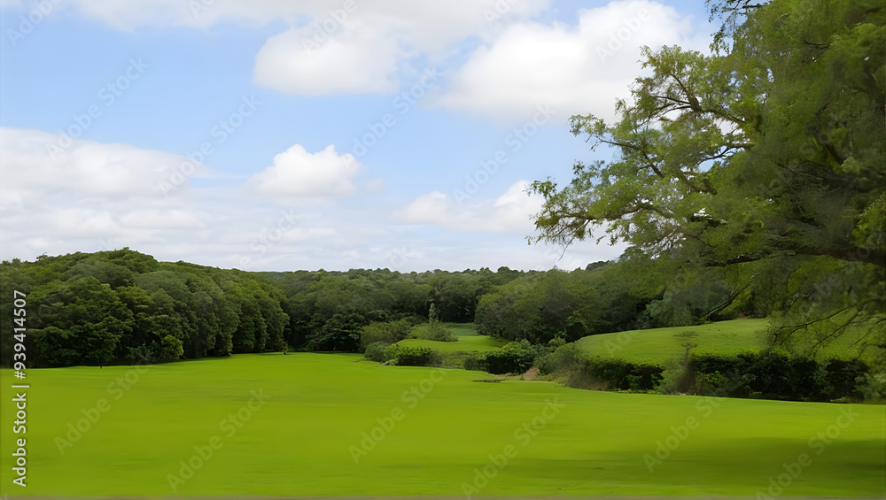 A green field with trees and bushes in the background A green field with trees and bushes in the background