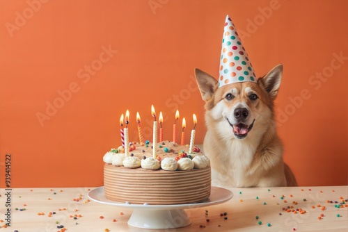 Cute Corgi dog in birthday party hat celebrating her birthday with birthday cake and candles on orange background  background with space for text. Happy Birthday pet concept 