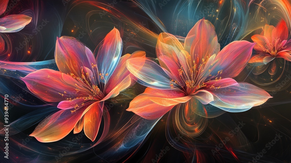 Meaningful flowers in an abstract design, set against a dynamic futuristic background, vibrant and full of life