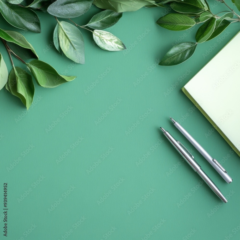 Obraz premium flat lay of a green desk with green leaves, a pen, and note book