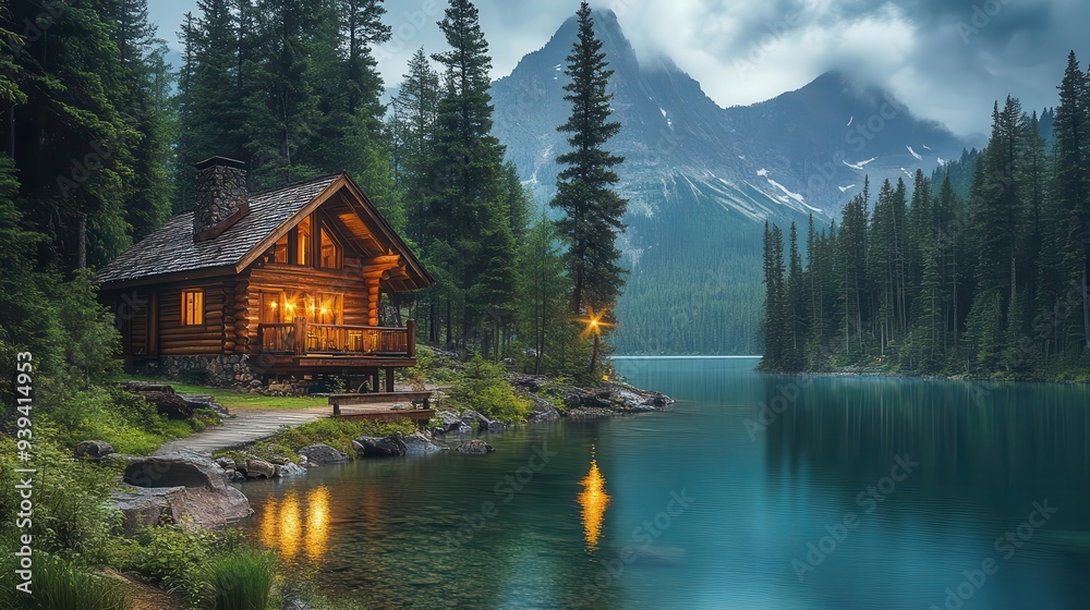 Fototapeta premium idyllic log cabin retreat rustic wooden structure nestled among towering pines overlooking serene mountain lake golden hour lighting enhancing natural beauty and tranquility