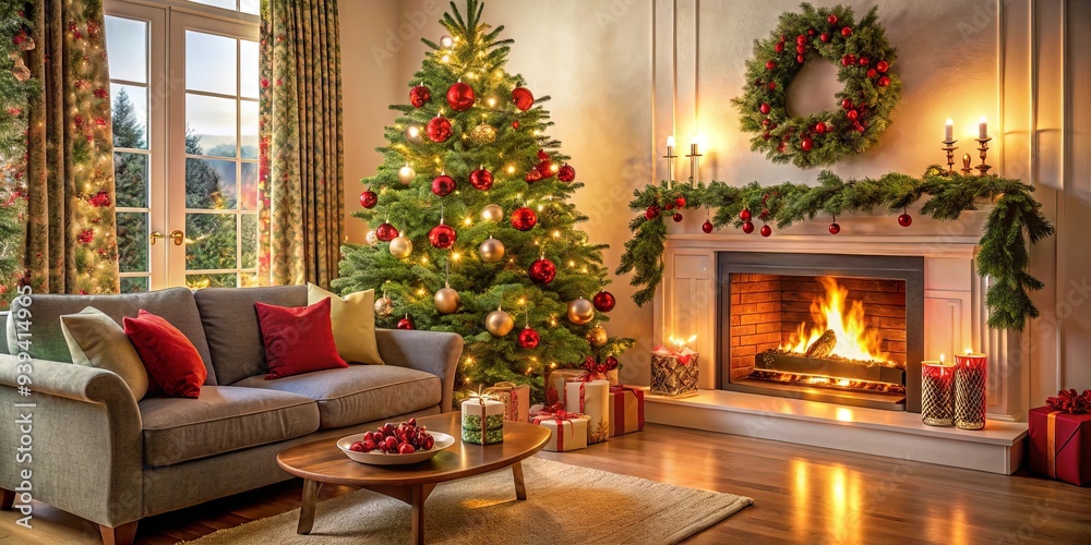 Christmas tree by cozy fireplace and sofa in a winter holiday home indoor decoration setting Christmas tree by cozy fireplace and sofa in a winter holiday home indoor decoration setting