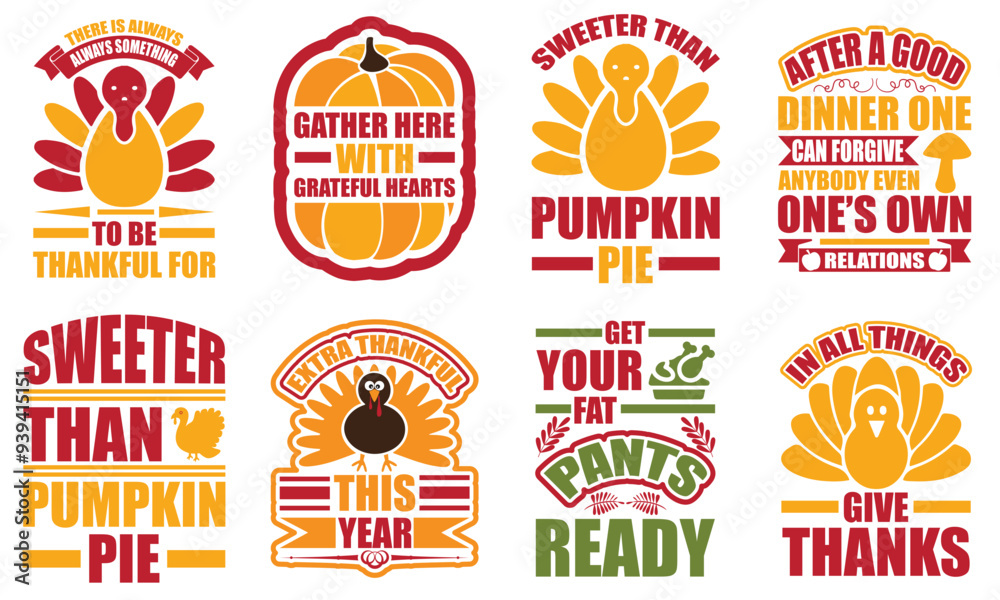 Naklejka premium Creative Thanksgiving Labels And Badges, Trendy Retro Style Illustration Pack Vector Illustration for Postcard, Printable, Bookmark