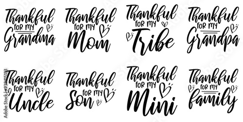 Elegant Thanksgiving Calligraphic Lettering, Inscriptions Pack Vector Illustration for Mug Design, Sticker, Social Media Post photo