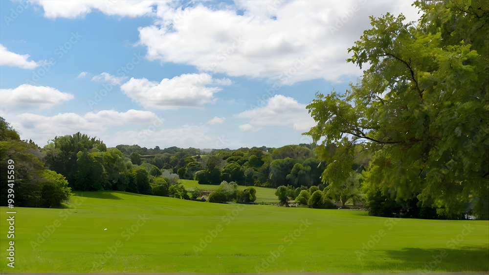 A green field with trees and bushes in the background A green field with trees and bushes in the background