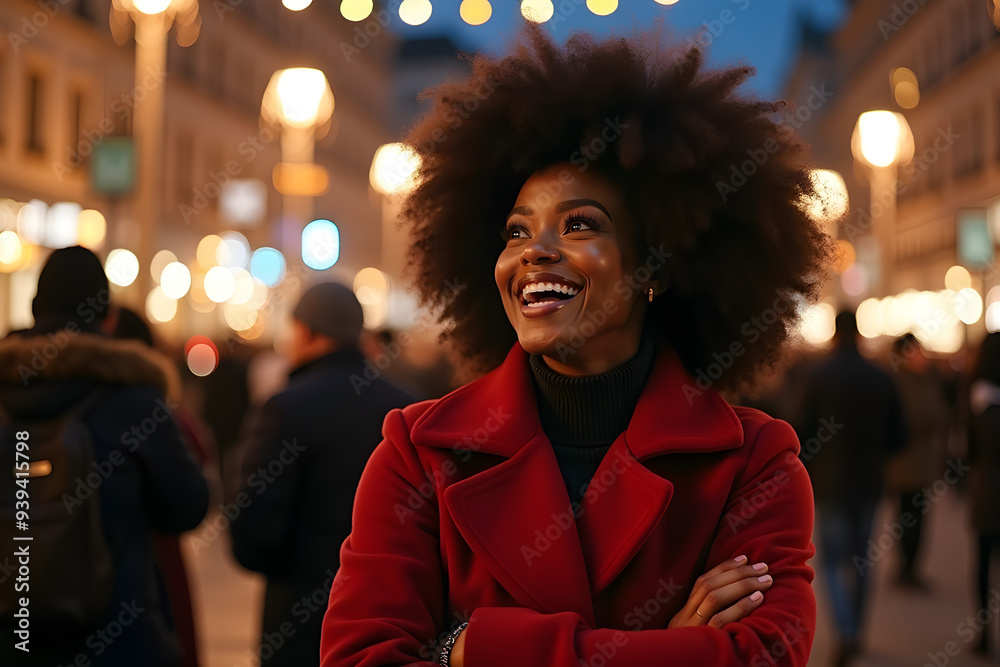 smiling woman with crossed arms on New Year's or Christmas night on the street smiling woman with crossed arms on New Year's or Christmas night on the street