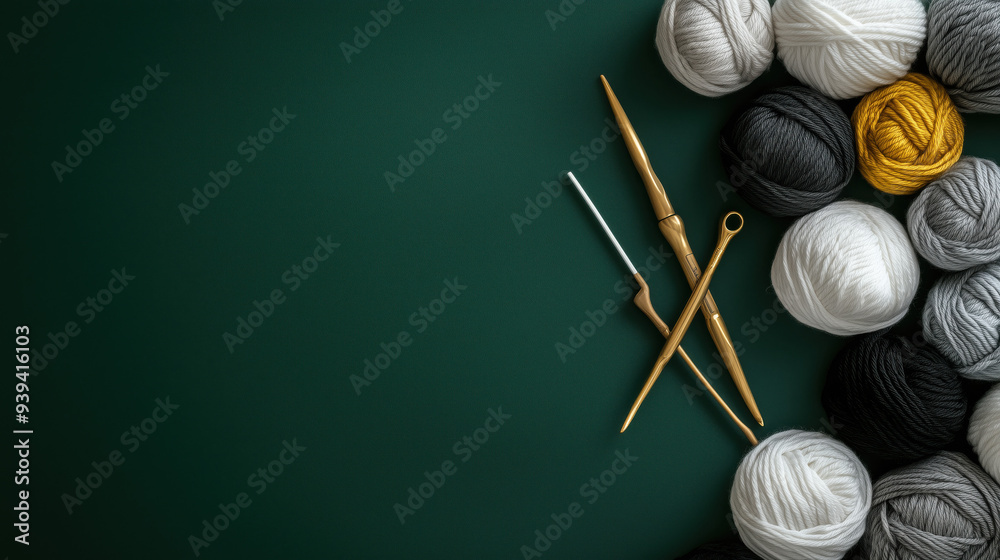 assorted gold white grey knitting twisted yarns and crochet tools on dark green background with copy space for background, website design banner assorted gold white grey knitting twisted yarns and crochet tools on dark green background with copy space for background, website design banner