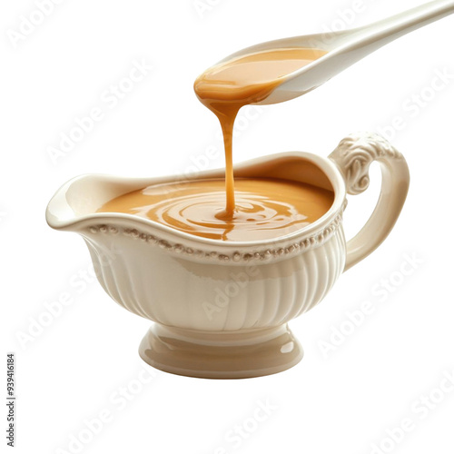 PNG Elegantly poured sauce in a vintage gravy boat, perfect for enhancing any dish with rich flavor and inviting presentation. photo