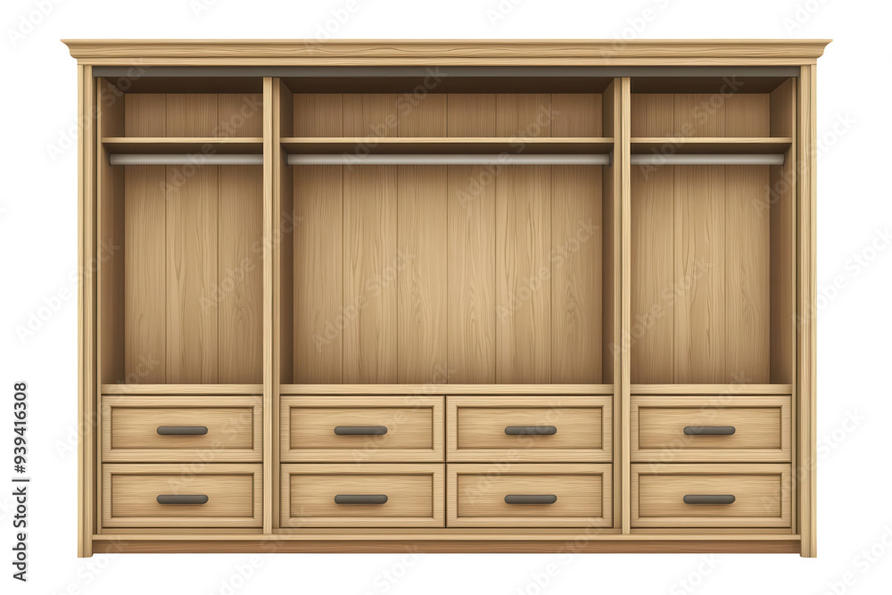 PNG Modern wooden wardrobe with multiple drawers and hanging spaces for efficient organization and stylish storage solutions. PNG Modern wooden wardrobe with multiple drawers and hanging spaces for efficient organization and stylish storage solutions.