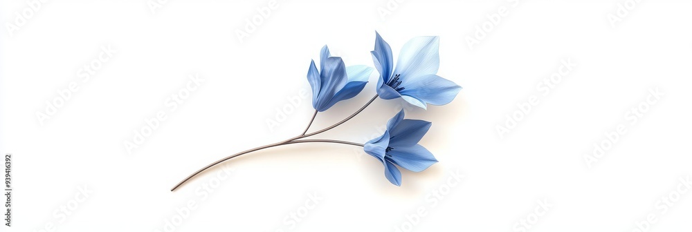 A 3D single icon of a blooming bluebell flower with bell-shaped petals and a curved stem rendered in a clean simple style. The flower is isolated on a white background with subtle shading A 3D single icon of a blooming bluebell flower with bell-shaped petals and a curved stem rendered in a clean simple style. The flower is isolated on a white background with subtle shading