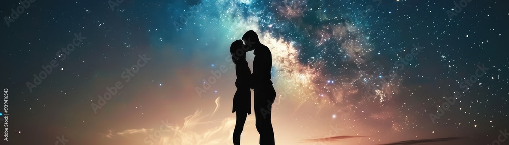 Couple embracing under starry night sky with galaxy backdrop, romantic moment, love and connection in scenic setting. Couple embracing under starry night sky with galaxy backdrop, romantic moment, love and connection in scenic setting.