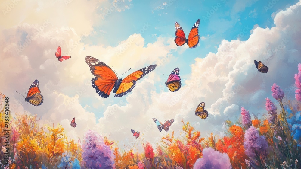 Vibrant butterflies soaring over a colorful field in heaven, with a dynamic white-light blue cloud backdrop, dreamlike and peaceful Vibrant butterflies soaring over a colorful field in heaven, with a dynamic white-light blue cloud backdrop, dreamlike and peaceful