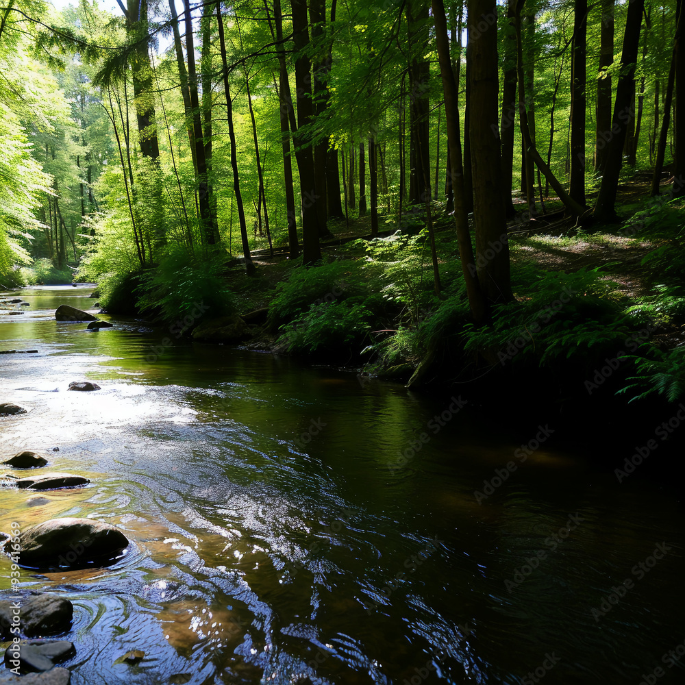 Fototapeta premium Sunlit Forest Stream in Serene Woodland