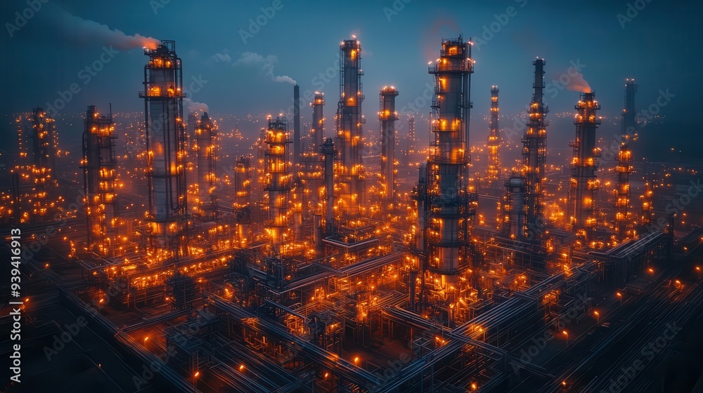 Fototapeta premium industrial landscape of oil refinery at dusk intricate network of pipes and towers illuminated against moody sky showcasing complex engineering and energy production