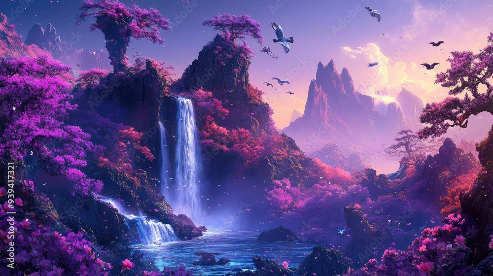 Fototapeta premium Vibrant landscape featuring neon strange trees, beautiful flowers, and a waterfall on a mountain, with birds flying against a dynamic futuristic background