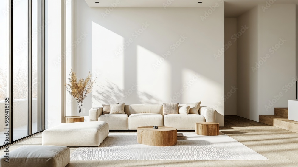 Detailed view of a minimalist living room with a large window, neutral-toned furniture, and sparse decor Detailed view of a minimalist living room with a large window, neutral-toned furniture, and sparse decor