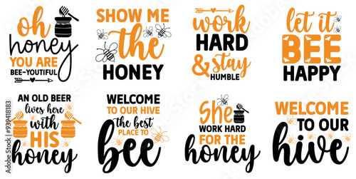 Cute Bee Trendy Retro Style Illustration, Typographic Emblems Bundle Vector Illustration for Packaging, Stationery, Magazine