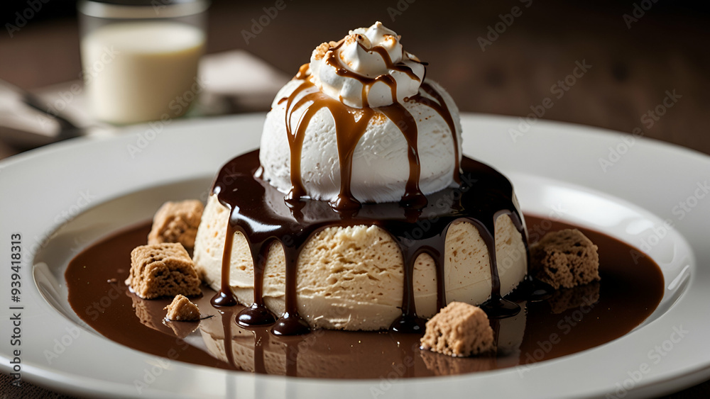 Chocolate Marshmallow Dessert on Ice Cream with Chocolate Sauce on White Plate Chocolate Marshmallow Dessert on Ice Cream with Chocolate Sauce on White Plate