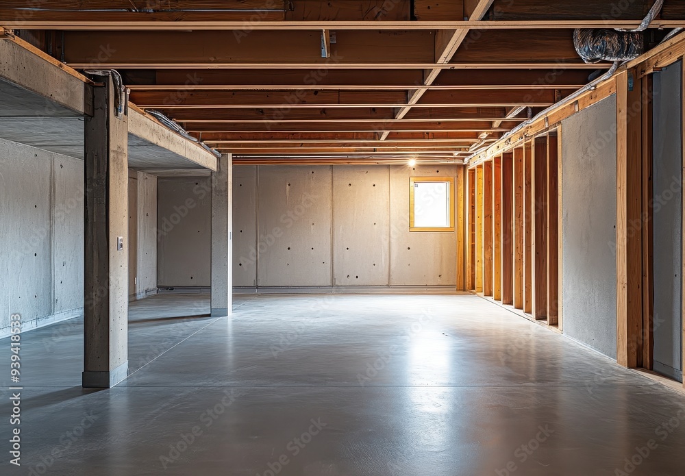 Unfinished Basement Interior with Wooden Beams and Concrete Floor Unfinished Basement Interior with Wooden Beams and Concrete Floor