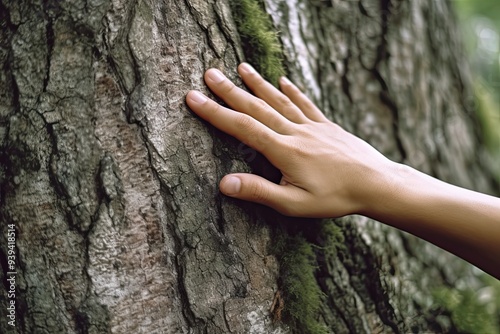 Someones hand touching a tree, connecting the soul with nature, close up