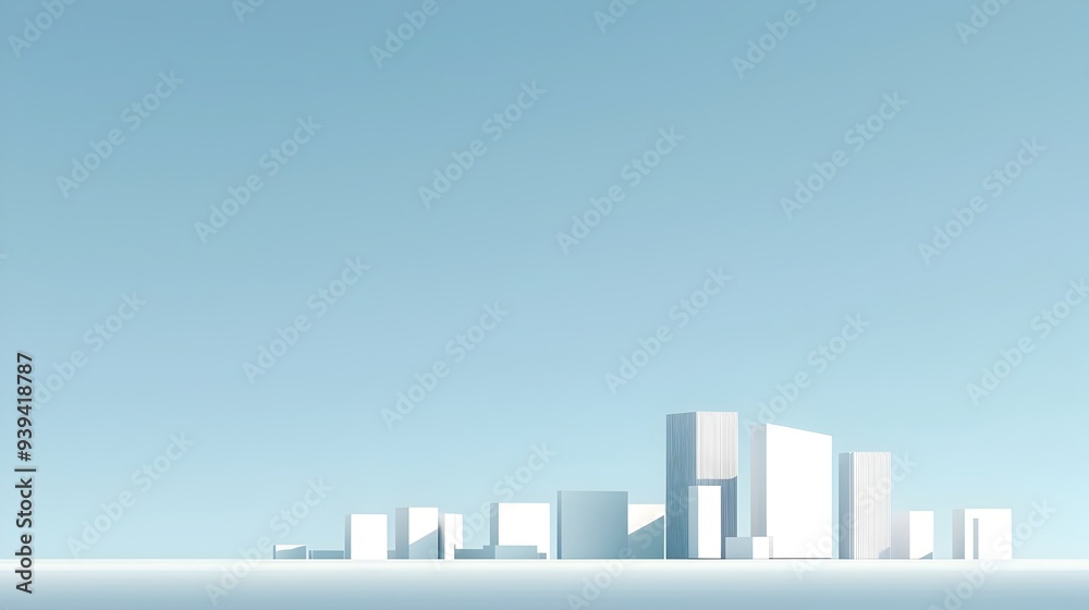 Minimalist Skyline of Modern City with Geometric Skyscrapers Against Calm Blue Sky