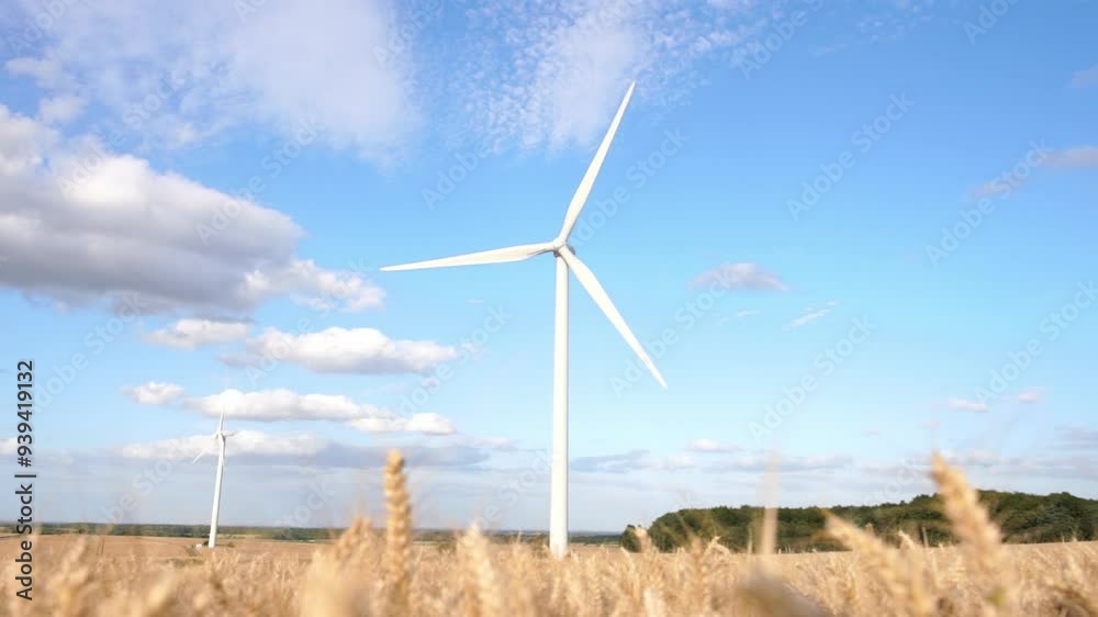 Exploring Wind Turbines in Golden Wheat Field on Sunny Day in Countryside Exploring Wind Turbines in Golden Wheat Field on Sunny Day in Countryside