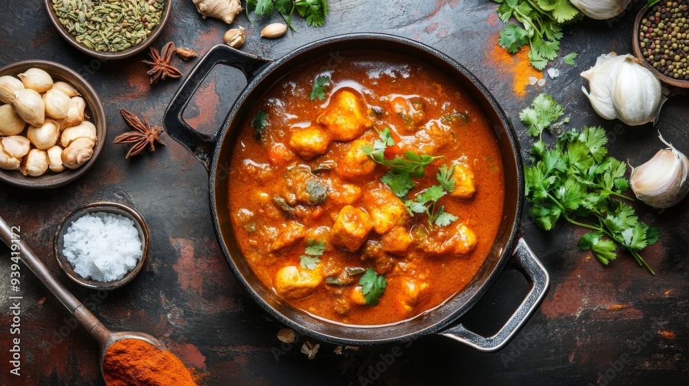Detailed view of a pot with a simmering curry, surrounded by fresh spices and ingredients on a vibrant kitchen countertop Detailed view of a pot with a simmering curry, surrounded by fresh spices and ingredients on a vibrant kitchen countertop