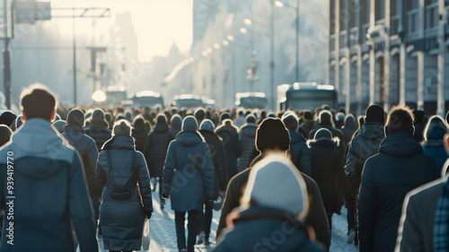 Large crowd of people are walking down a busy city street on a cold winter day photo