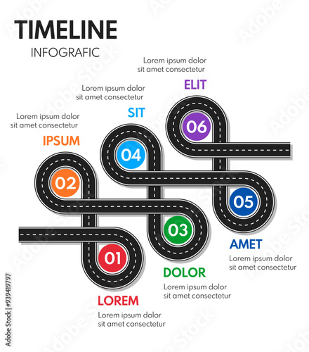6 steps road map or timeline progress infographic, vector template