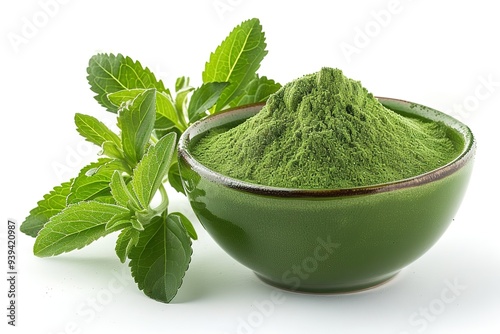 A green bowl filled with stevia powder and leaves set against a crisp, white studio backdrop and a big space on it for textual or background use, Generative AI. photo