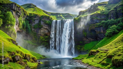 Majestic waterfall cascading down lush green cliffs in a powerful and scenic landscape