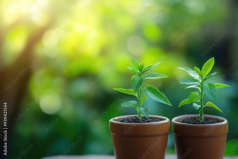 Charity Pots. Green Nature Bokeh Background with Ceramic Pots for Gardening and Eco-Friendly Plant Care Charity Pots. Green Nature Bokeh Background with Ceramic Pots for Gardening and Eco-Friendly Plant Care