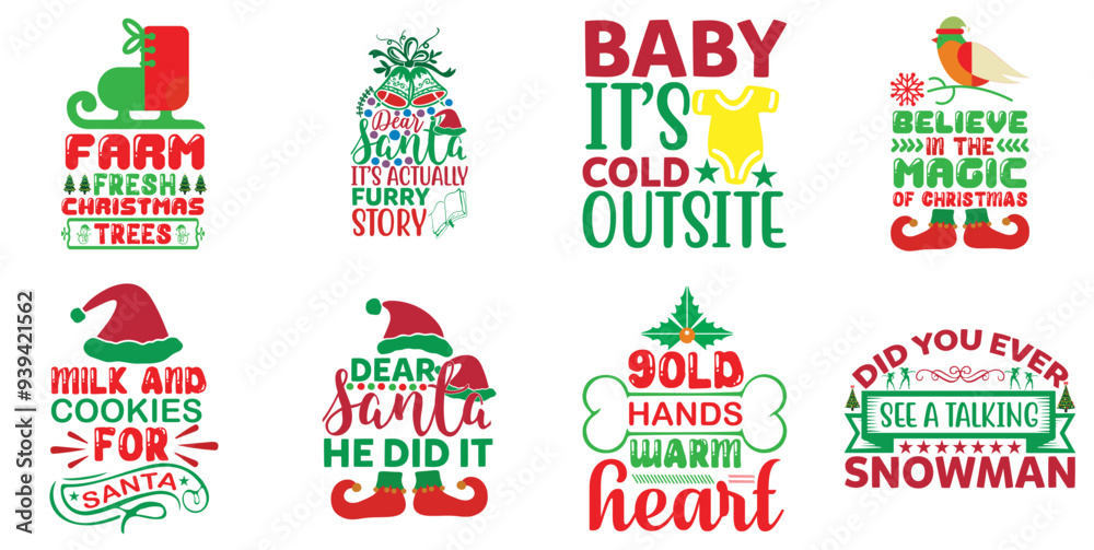 Colourful Christmas Typography, Trendy Retro Style Illustration Bundle Vector Illustration for Poster, Greeting Card, Stationery Colourful Christmas Typography, Trendy Retro Style Illustration Bundle Vector Illustration for Poster, Greeting Card, Stationery