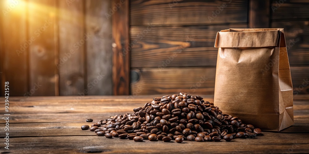 Coffee beans with elegant packaging mockup on a wooden table Coffee beans with elegant packaging mockup on a wooden table