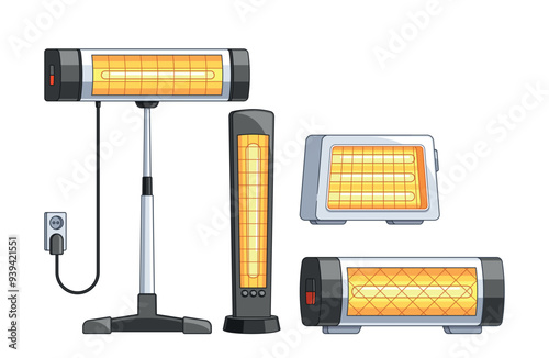 Different Types Of Electric Heaters Set. Cartoon Illustration of Home And Office Heating Devices and Equipment