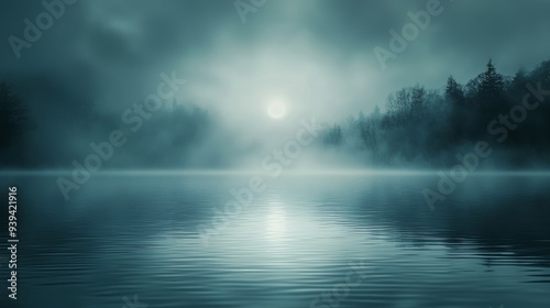 Misty Lake at Night with Moonlight Reflection