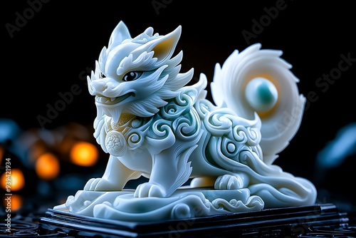 A fantasy-themed sculpture of the nine-tailed fox, carved from jade or stone, with intricate details highlighting its fur, tails, and sly expression photo