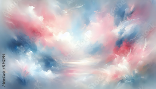 Abstract artwork with soft brushstrokes in pink blue and white combine to create a calming atmosphere.