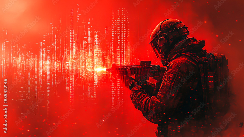 Fototapeta premium Cybersecurity Threat: Hacker Launching Digital Attack on City Skyline with Binary Code Invasion