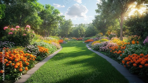 Fototapeta Naklejka Na Ścianę i Meble -  lush spring garden paradise vibrant flower beds manicured lawn sunlit 3d landscape illustration