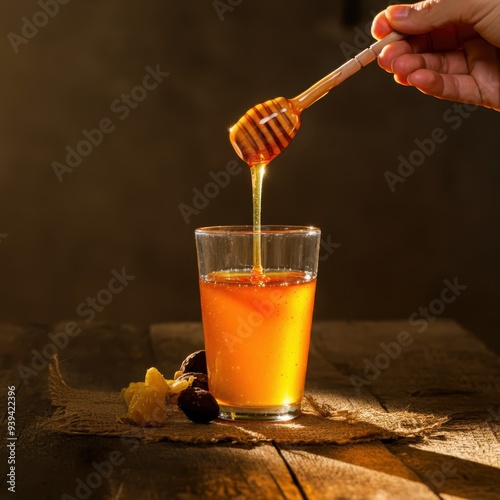 honey pouring into tall glass, close-up of hand holding glass, yellow and orange liquid, honey dipper dipping into glass, vibrant colors, surreal composition