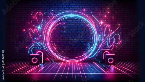 A dark background with a brick wall in the center, flanked by glowing neon shapes in pink and blue