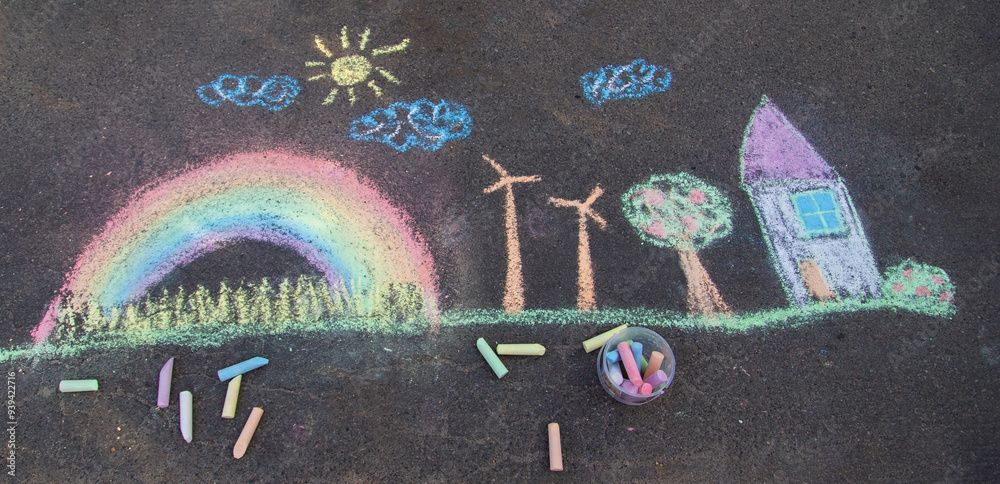 Obraz premium a child draws with chalk on the asphalt. beautiful picture.
