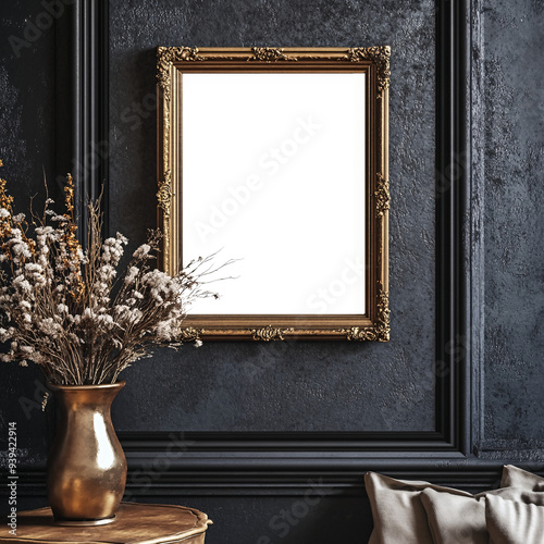 An elegant brass frame with a transparent center leans against a dark wall photo