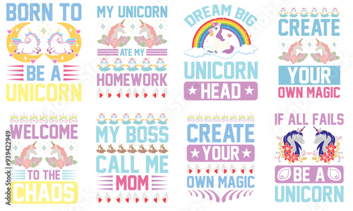 Elegant Unicorn Typography, Labels And Badges Pack Vector Illustration for Postcard, Wrapping Paper, Motion Graphics