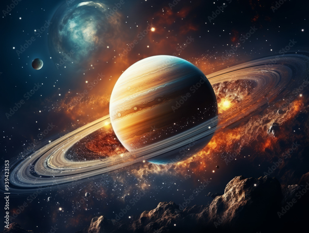Naklejka premium Amazing saturn in the starry night sky