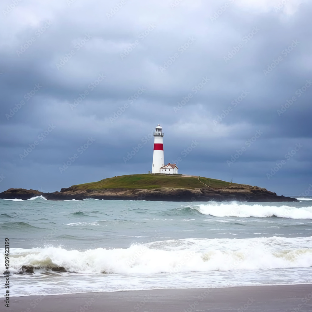 Red and White Striped Lighthouse on Rocky Island Against Stormy Sky Red and White Striped Lighthouse on Rocky Island Against Stormy Sky