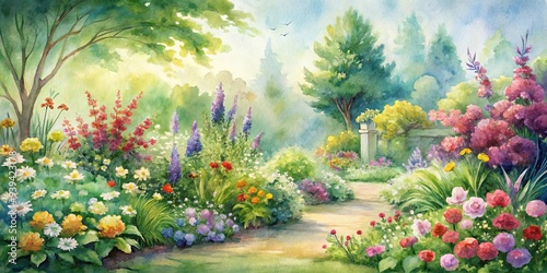 Vibrant watercolor painting of a lush garden with delicate flowers